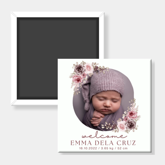 Floral Birth Announcement Custom Photo Magnet